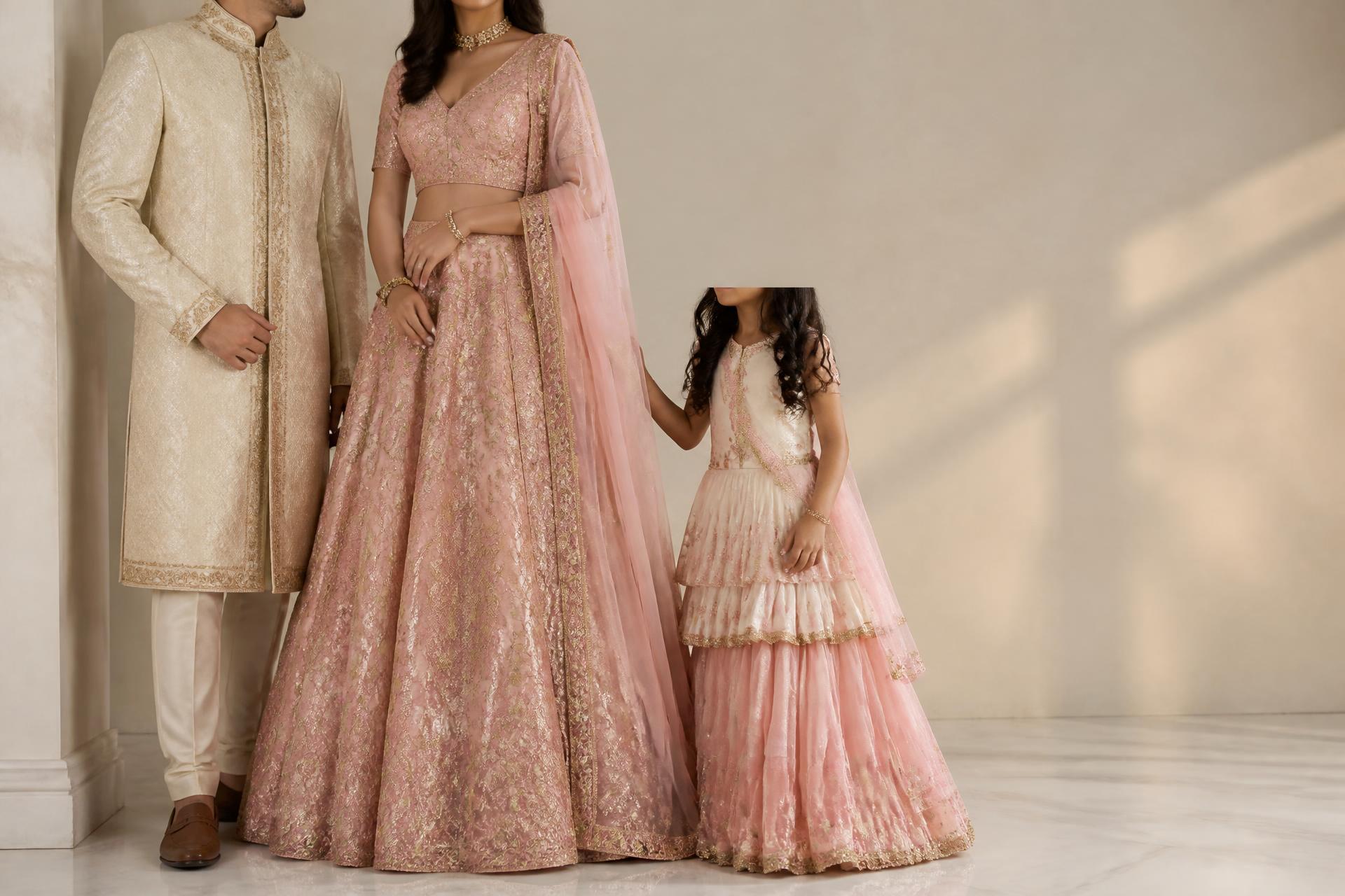 Three generations wearing premium festive Indian fashion